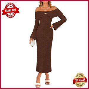 Off Shoulder Sweater Dress Bodycon Maxi Long Sleeve Ribbed Knit Formal